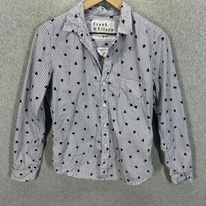 Frank & Eileen Barry Crinkle Striped Blue Heart Button Down Shirt Top Size Small